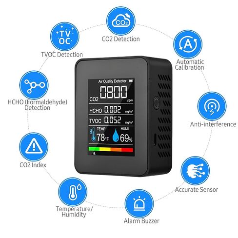 Prefessionall Indoor Air Quality Monitor, 5 in 1 Portable Smartair Quality Tester for CO2 | TVOC | HCHO | Temp | Hum for Home Cars Plants and Pets So On (Black) in Kuwait