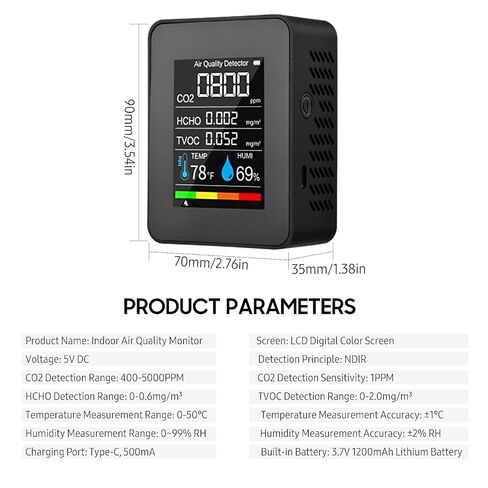 Prefessionall Indoor Air Quality Monitor, 5 in 1 Portable Smartair Quality Tester for CO2 | TVOC | HCHO | Temp | Hum for Home Cars Plants and Pets So On (Black) in Kuwait