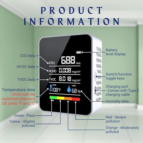 CO2 Detector Air Quality Monitor Indoor,5-in-1 Formaldehyde/CO2/TVOC/Temperature (°F/°C)/Humidity Monitor,Portable Carbon Dioxide Detector for Home,Office,Classroom & Indoor Safety Monitoring (Milky) in Kuwait