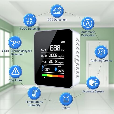 CO2 Detector Air Quality Monitor Indoor,5-in-1 Formaldehyde/CO2/TVOC/Temperature (°F/°C)/Humidity Monitor,Portable Carbon Dioxide Detector for Home,Office,Classroom & Indoor Safety Monitoring (Milky) in Kuwait
