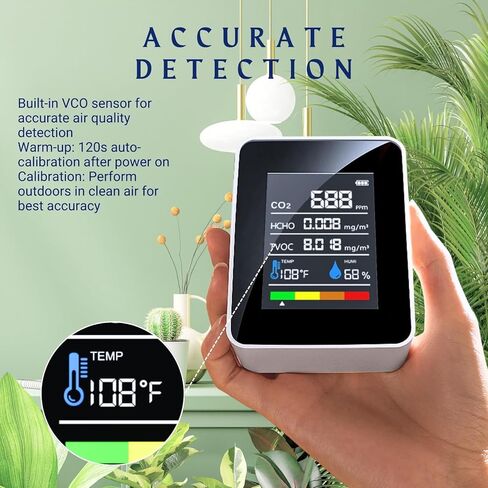 CO2 Detector Air Quality Monitor Indoor,5-in-1 Formaldehyde/CO2/TVOC/Temperature (°F/°C)/Humidity Monitor,Portable Carbon Dioxide Detector for Home,Office,Classroom & Indoor Safety Monitoring (Milky) in Kuwait