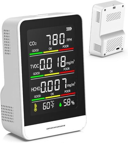 Air Quality Monitor Indoor, 5 in 1 Portable Real-Time Smart Air Quality Tester with CO2 Monitor, HCHO, TVOC, Temperature, Humidity Detector for Home, Office, Car, Hotel (White) in Kuwait