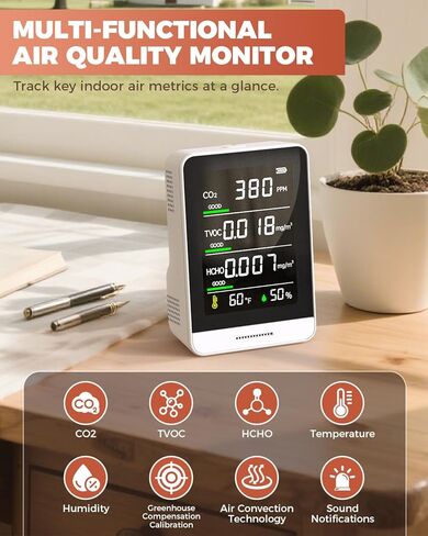 Air Quality Monitor Indoor, 5 in 1 Portable Real-Time Smart Air Quality Tester with CO2 Monitor, HCHO, TVOC, Temperature, Humidity Detector for Home, Office, Car, Hotel (White) in Kuwait