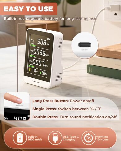 Air Quality Monitor Indoor, 5 in 1 Portable Real-Time Smart Air Quality Tester with CO2 Monitor, HCHO, TVOC, Temperature, Humidity Detector for Home, Office, Car, Hotel (White) in Kuwait