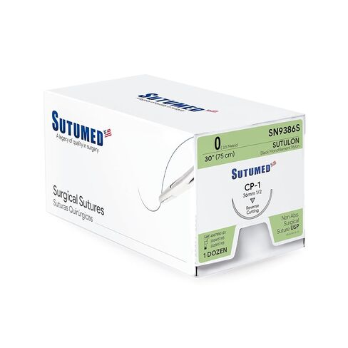 Sutumed SUTULON خياطة جراحية نايلون غير قابلة للامتصاص مقاس USP 0، 1/2 36 مم إبرة قطع عكسية، 30 بوصة (76 سم)، 12 قطعة in Saudi Arabia