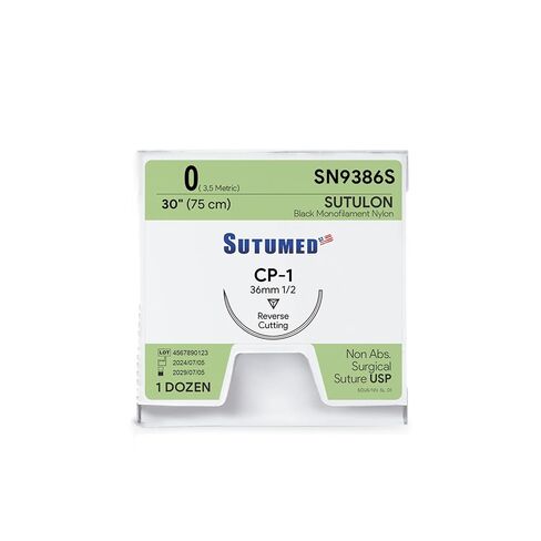 Sutumed SUTULON خياطة جراحية نايلون غير قابلة للامتصاص مقاس USP 0، 1/2 36 مم إبرة قطع عكسية، 30 بوصة (76 سم)، 12 قطعة in Saudi Arabia