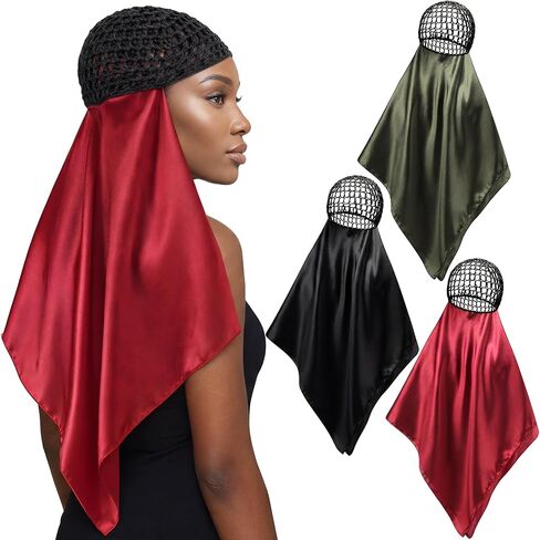 3 Pcs Wrap Hair Net with Scarf, Women Silk Press Head Wrap Netted Scarf 2 in 1 Easy-to-use for Silk Press & Nighttime Care, Styling, Sleep & Shower Cap(Classic Minimalist,Red Black Green) in Saudi Arabia