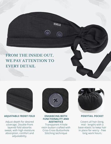 Ponytail Scrub Cap for Women – Solid Classic Black Surgical Cap with Buttons, Cotton Ponytail Scrub Caps, Adjustable Surgical Hat for Women to Secure Long Hair in Saudi Arabia