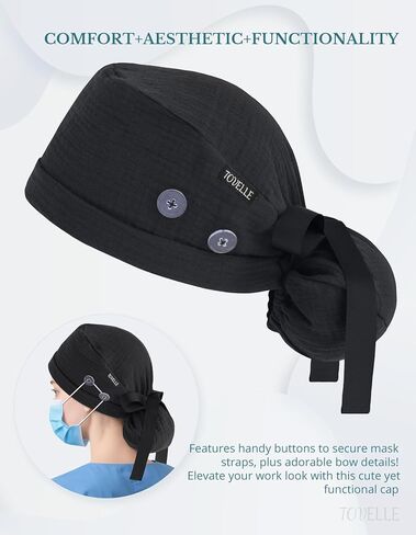 Ponytail Scrub Cap for Women – Solid Classic Black Surgical Cap with Buttons, Cotton Ponytail Scrub Caps, Adjustable Surgical Hat for Women to Secure Long Hair in Saudi Arabia
