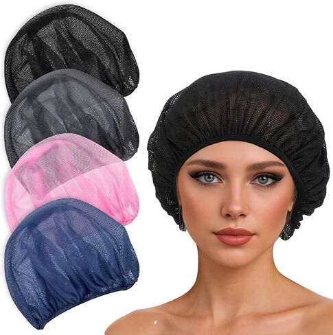 4pcs Mesh Hair Net for Sleeping, Net Plopping Cap for Drying Curly Hair, Curly Hair Drying Cap for Women Sleeping Dry Hairs, Kitchen Home Use (Black, Navy, Dark Blue, Gray) in Saudi Arabia