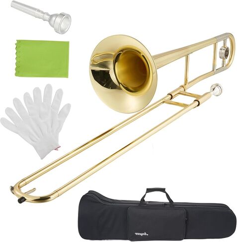 Bb Flat Alto Trombone, Gold Lacquer Brass Wind Instrument, Beginner & Student Alto Trombone Complete Set with Mouthpiece, Carrying Case, Cleaning Cloth, Gloves and Cleaning Rod for School in Saudi Arabia