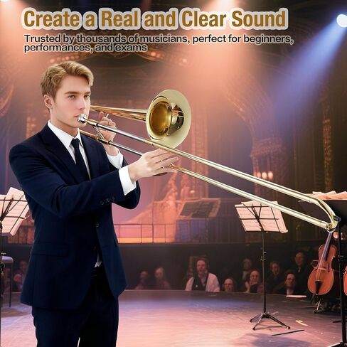 Bb Flat Alto Trombone, Gold Lacquer Brass Wind Instrument, Beginner & Student Alto Trombone Complete Set with Mouthpiece, Carrying Case, Cleaning Cloth, Gloves and Cleaning Rod for School in Saudi Arabia