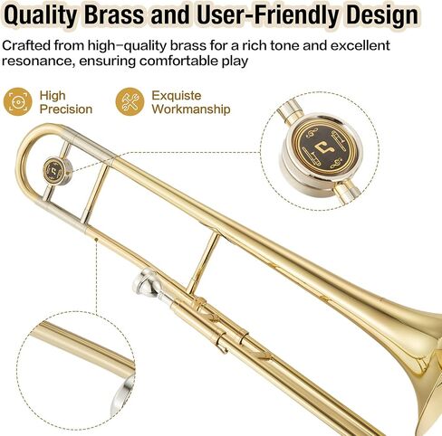 Bb Flat Alto Trombone, Gold Lacquer Brass Wind Instrument, Beginner & Student Alto Trombone Complete Set with Mouthpiece, Carrying Case, Cleaning Cloth, Gloves and Cleaning Rod for School in Saudi Arabia