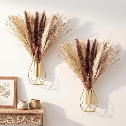 Otoolling 2 Pcs Boho Wall Decor Metal Wall Art Hanging Planter with Artificial Pampas Wall-mounted Modern Home Decor Display Artwork Plant Hanging Vase for Bedroom Living Room Kitchen Bathroom(Black) in Kuwait