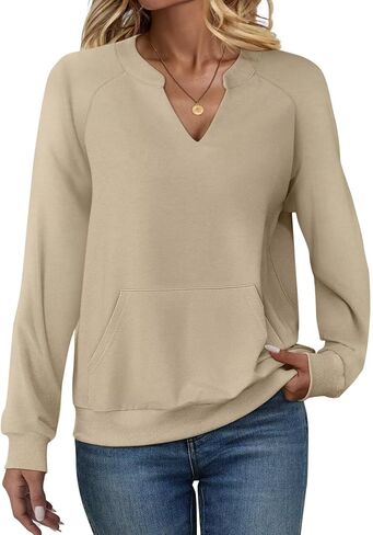 EADINVE Womens V Neck Sweatshirts with Pockets Fleece Pullover Casual Loose Fit Long Sleeve Tops Fall Clothes 2025 in Saudi Arabia