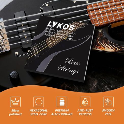 Lykos Electric Bass Guitar Strings Full sets,Stainless Steel Hex-Core Copper Wire Coated with Nickel Wound,45-100 Gauge 4-String set in Kuwait