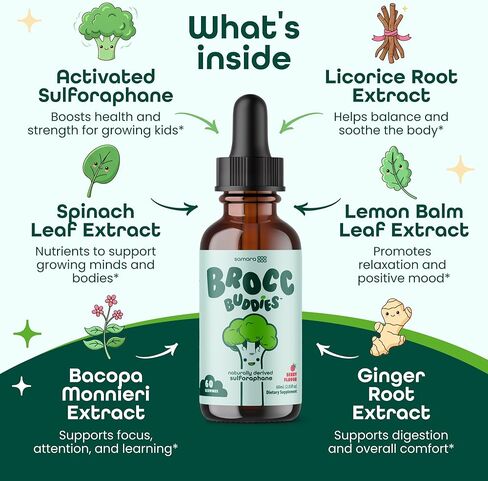 براعم البروكلي سائل السلفورافان للأطفال - البروكورافانين المنشط + الميروزيناز - مكمل البروكلي السلفورافان الجلوكوزينولات - دعم الدماغ والمزاج - نكهة التوت - 60 حصة in Kuwait