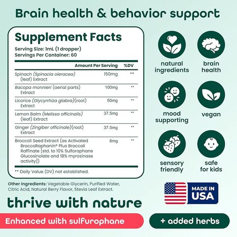 براعم البروكلي سائل السلفورافان للأطفال - البروكورافانين المنشط + الميروزيناز - مكمل البروكلي السلفورافان الجلوكوزينولات - دعم الدماغ والمزاج - نكهة التوت - 60 حصة in Kuwait