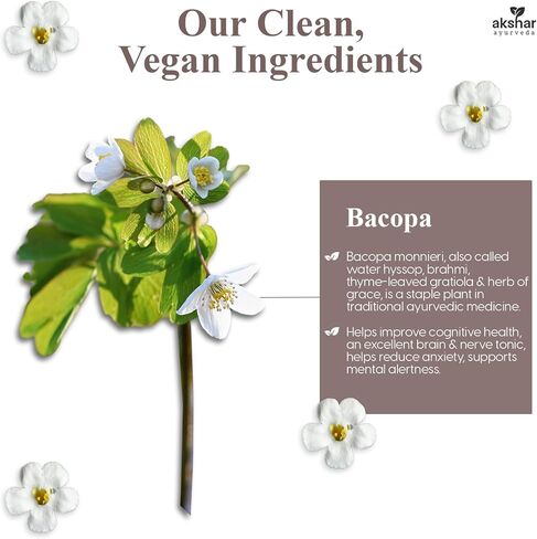 أكشار أيورفيدا - مكمل براهمي باكوبا 500 ملغ، نظام تجديد، حبوب باكوبا لدعم الوظيفة الإدراكية للبالغين، نباتي باكوبا مونيري لم يتم الإساءة إلى الحيوانات لتصنيعه (60 قطعة) in Kuwait