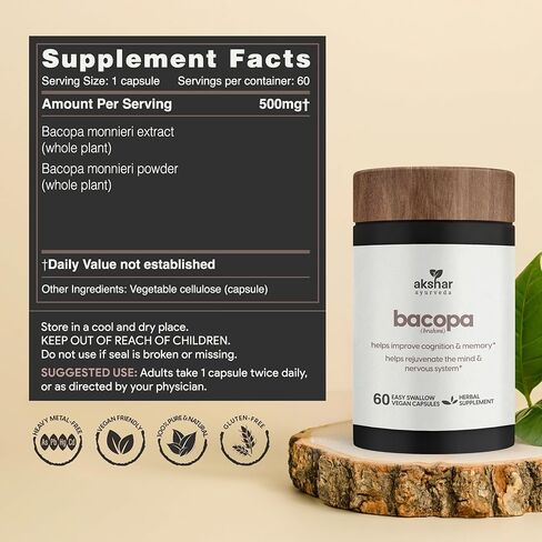أكشار أيورفيدا - مكمل براهمي باكوبا 500 ملغ، نظام تجديد، حبوب باكوبا لدعم الوظيفة الإدراكية للبالغين، نباتي باكوبا مونيري لم يتم الإساءة إلى الحيوانات لتصنيعه (60 قطعة) in Kuwait