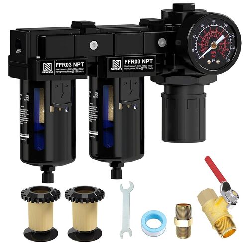 NEWPO 3/8'' NPT Air Drying System,Double Brass Filter Compressed Air Regulator,Air Pressure Regulator Combo 5&5 Micron Filter Cartridge,Semi-Auto Drain in Kuwait