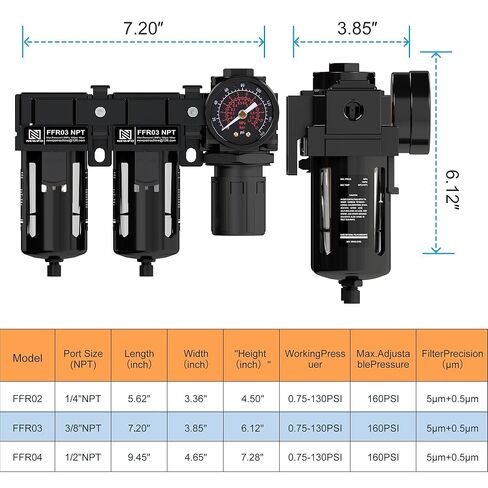 NEWPO 3/8'' NPT Air Drying System,Double Brass Filter Compressed Air Regulator,Air Pressure Regulator Combo 5&5 Micron Filter Cartridge,Semi-Auto Drain in Kuwait