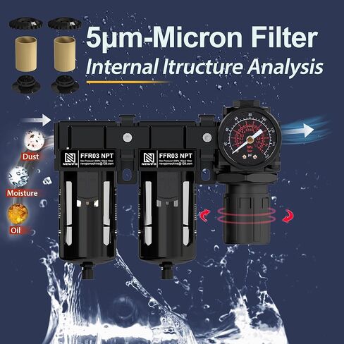 NEWPO 3/8'' NPT Air Drying System,Double Brass Filter Compressed Air Regulator,Air Pressure Regulator Combo 5&5 Micron Filter Cartridge,Semi-Auto Drain in Kuwait