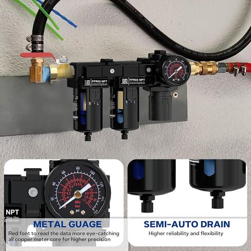NEWPO 3/8'' NPT Air Drying System,Double Brass Filter Compressed Air Regulator,Air Pressure Regulator Combo 5&5 Micron Filter Cartridge,Semi-Auto Drain in Kuwait