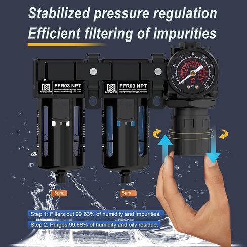 NEWPO 3/8'' NPT Air Drying System,Double Brass Filter Compressed Air Regulator,Air Pressure Regulator Combo 5&5 Micron Filter Cartridge,Semi-Auto Drain in Kuwait