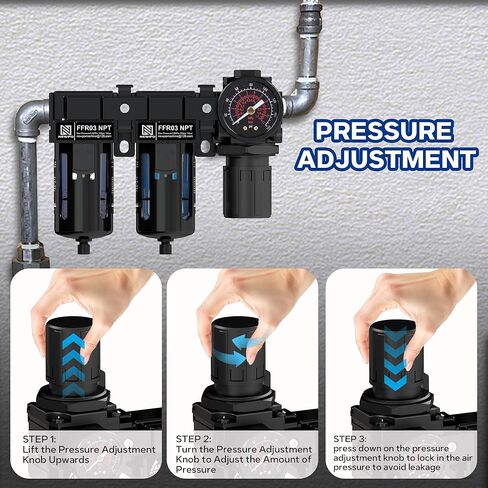 NEWPO 3/8'' NPT Air Drying System,Double Brass Filter Compressed Air Regulator,Air Pressure Regulator Combo 5&5 Micron Filter Cartridge,Semi-Auto Drain in Kuwait