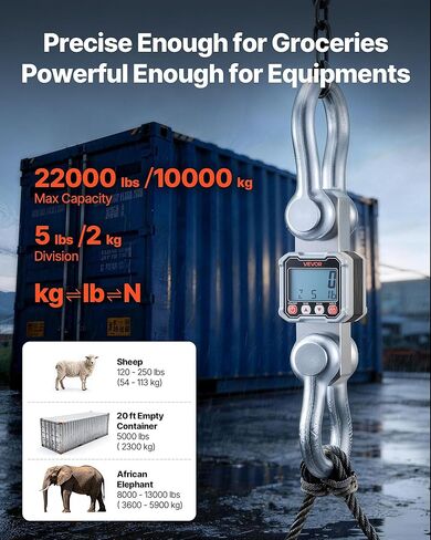 VEVOR Digital Crane Scale, 22000 lbs/10 T Max Capacity, Heavy Duty Industrial Hanging Scale with Cast Aluminum Case & LCD Display, 5 lbs Division & 3 Unit Switch, Remote Control for Garage Factory in Saudi Arabia