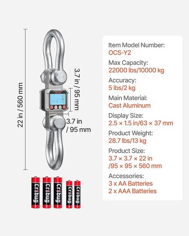 VEVOR Digital Crane Scale, 22000 lbs/10 T Max Capacity, Heavy Duty Industrial Hanging Scale with Cast Aluminum Case & LCD Display, 5 lbs Division & 3 Unit Switch, Remote Control for Garage Factory in Saudi Arabia