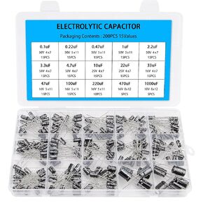 200PCS Electrolytic Capacitor Kit – 15 Value Capacitor Assortment from 0.1uF to 1000uF (10V~50V) and ±20% Tolerance– Aluminum Electrolytic Capacitors Set for DIY Electronics and Repair in Kuwait