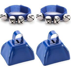 2pcs Cow Bell & 2pcs Jingle Bells Noise Makers Hand Percussion Loud 3 Inch Cowbell for Sporting Events, Football Games, Celebrations, Wedding, Cheering, Party, Spirit, Marathon(Blue) in Kuwait