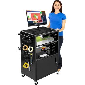 Mobile AV Cart with Locking Cabinet & Wheels, Heavy Duty Rolling Media Cart with Customized Pegboard & Hooks, Multipurpose Utility Cart 100lbs Load Capacity, Black in Kuwait