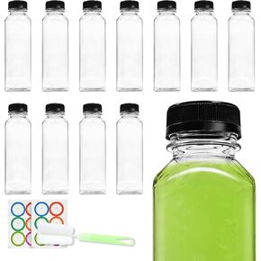 12 قطعة من زجاجات العصير البلاستيكية سعة 16 أونصة مع غطاء، حاويات عصير شفافة للاستعمال مرة واحدة مع أغطية ملصقات وفرشاة قمع من السيليكون، زجاجات فارغة قابلة لإعادة الاستخدام لشرب العصائر والمشروبات المخفوقة بالقهوة المثلجة in Kuwait