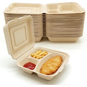 To Go Boxes - 100 Pack 3 Compartment Compostable Degradable in 90 days 9x9 Inch Takeout Lunch Box Containers To Go Take Out Clamshell for Food, Disposable Eco-Friendly Biodegradable Bamboo (Brown) in Saudi Arabia