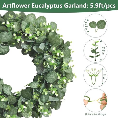 Artflower 2 Pack Artificial Eucalyptus Garland with Flowers & Lights, 5.9ft Fake Greenery Garland for Table Wedding Backdrop Arch Party Mantle Festival Decor in Saudi Arabia