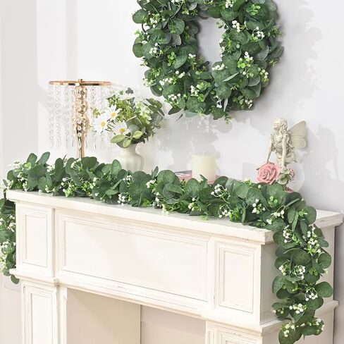 Artflower 2 Pack Artificial Eucalyptus Garland with Flowers & Lights, 5.9ft Fake Greenery Garland for Table Wedding Backdrop Arch Party Mantle Festival Decor in Saudi Arabia