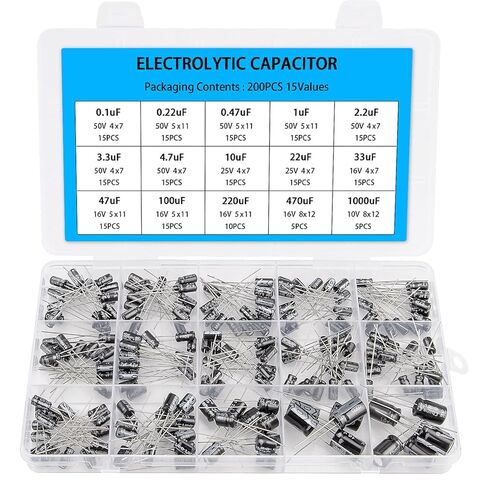200PCS Electrolytic Capacitor Kit – 15 Value Capacitor Assortment from 0.1uF to 1000uF (10V~50V) and ±20% Tolerance– Aluminum Electrolytic Capacitors Set for DIY Electronics and Repair in Kuwait