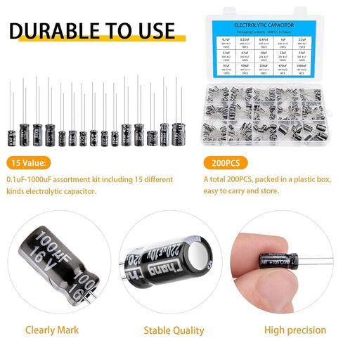 200PCS Electrolytic Capacitor Kit – 15 Value Capacitor Assortment from 0.1uF to 1000uF (10V~50V) and ±20% Tolerance– Aluminum Electrolytic Capacitors Set for DIY Electronics and Repair in Kuwait
