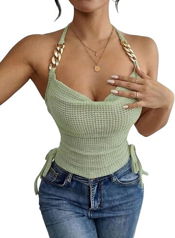 OYOANGLE Women's Metal Strap Ruched Tie Back Halter Tops Sleeveless Waffle Knit Tie Side Cami Tops in Kuwait