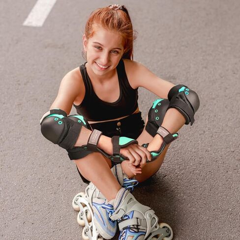 Dark Lightning Kids/Junior/Youth Knee Pads Elbow Pads Wrist Guards 3 in 1 Protective Gear, for Skateboard,Roller Skate,Inline,Cycling,MTB Bike,Scooter(Green,M) in Kuwait