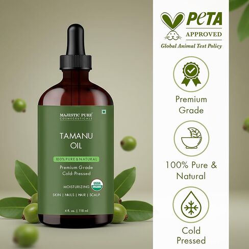 Majestic Pure Tamanu Oil 4 oz - 100% Pure & Natural - USDA Certified - Cold Pressed Carrier Oil for Face, Body, Lips, Nails, Shampoo & Conditioner in Kuwait