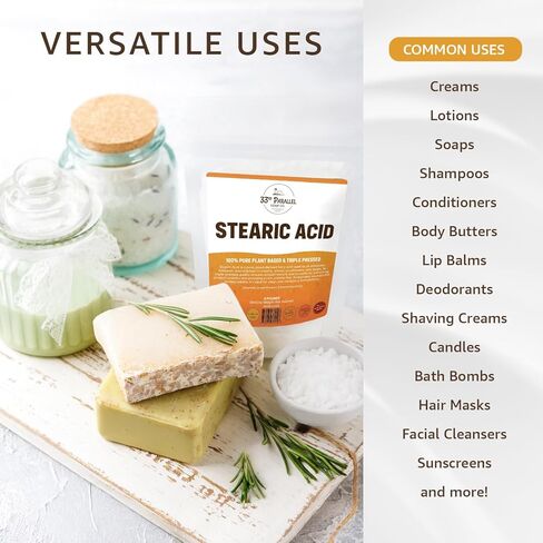 Stearic Acid USP Grade (1 Lbs / 16oz) White Flakes Triple Pressed NF/USP | 100% Plant-Based, Natural Emulsifier, Solidifier & Thickener for Creams, Lotions, Soaps & Candle Making | 1 Pound in Kuwait