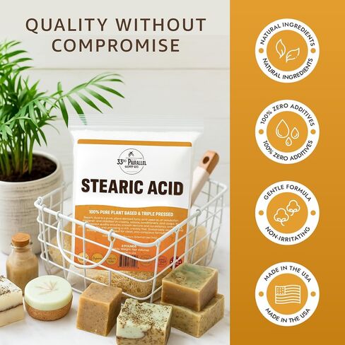 Stearic Acid USP Grade (1 Lbs / 16oz) White Flakes Triple Pressed NF/USP | 100% Plant-Based, Natural Emulsifier, Solidifier & Thickener for Creams, Lotions, Soaps & Candle Making | 1 Pound in Kuwait