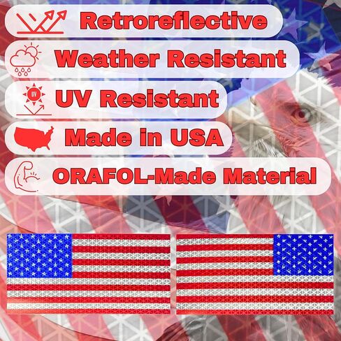 Reflective American Flag Decal - 3.75" x 7.5" - Pack of 2-1 Forward 1 Reverse - Retroreflective American Flag Sticker for Car, Truck, Windows, Helmets - Made in USA in Kuwait