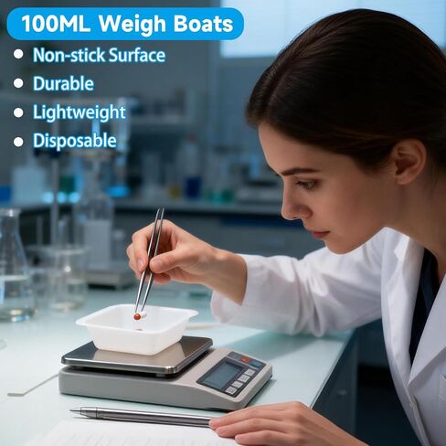 250 Pack Weigh Boats - 100ml (3.4 fl oz) White Anti-Static Flexible Plastic Weigh Trays - Medium Square Disposable Lab Dishes for Powder Scale, Capsule Filling, Liquid, and Food Samples in Kuwait