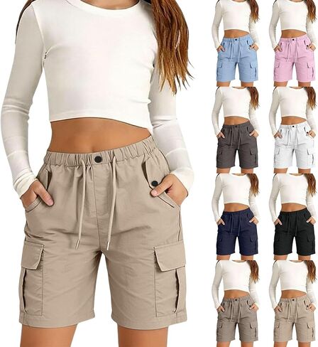 Girls Linen Cargo Shorts with Pockets Elastic Waist Drawstring Summer Casual Athletic Short Pants 2026 Fashion Beach Shorts in Saudi Arabia