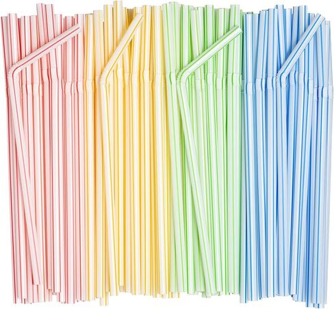 [200 عبوة] شفاطات شرب بلاستيكية مرنة للاستعمال مرة واحدة - ارتفاع 19.75 سم - مخططة بألوان متنوعة in Saudi Arabia